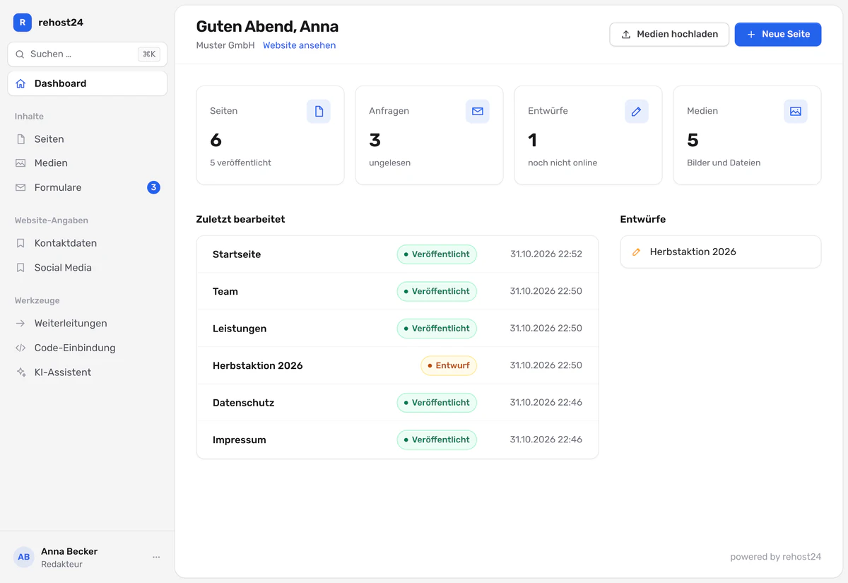 Dashboard mit Zahlen zu Seiten, Anfragen, Entwürfen und Medien sowie den zuletzt bearbeiteten Seiten