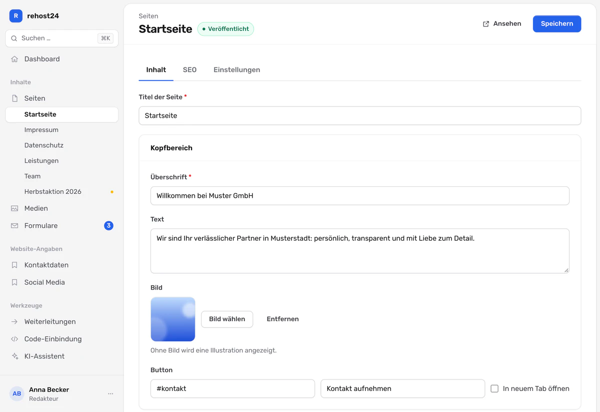 Bearbeitungsansicht der Startseite mit Feldern für Überschrift, Text und Bild im Kopfbereich