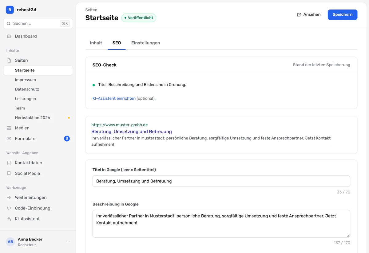 Suchmaschinen-Einstellungen einer Seite mit bestandenem SEO-Check und Google-Vorschau